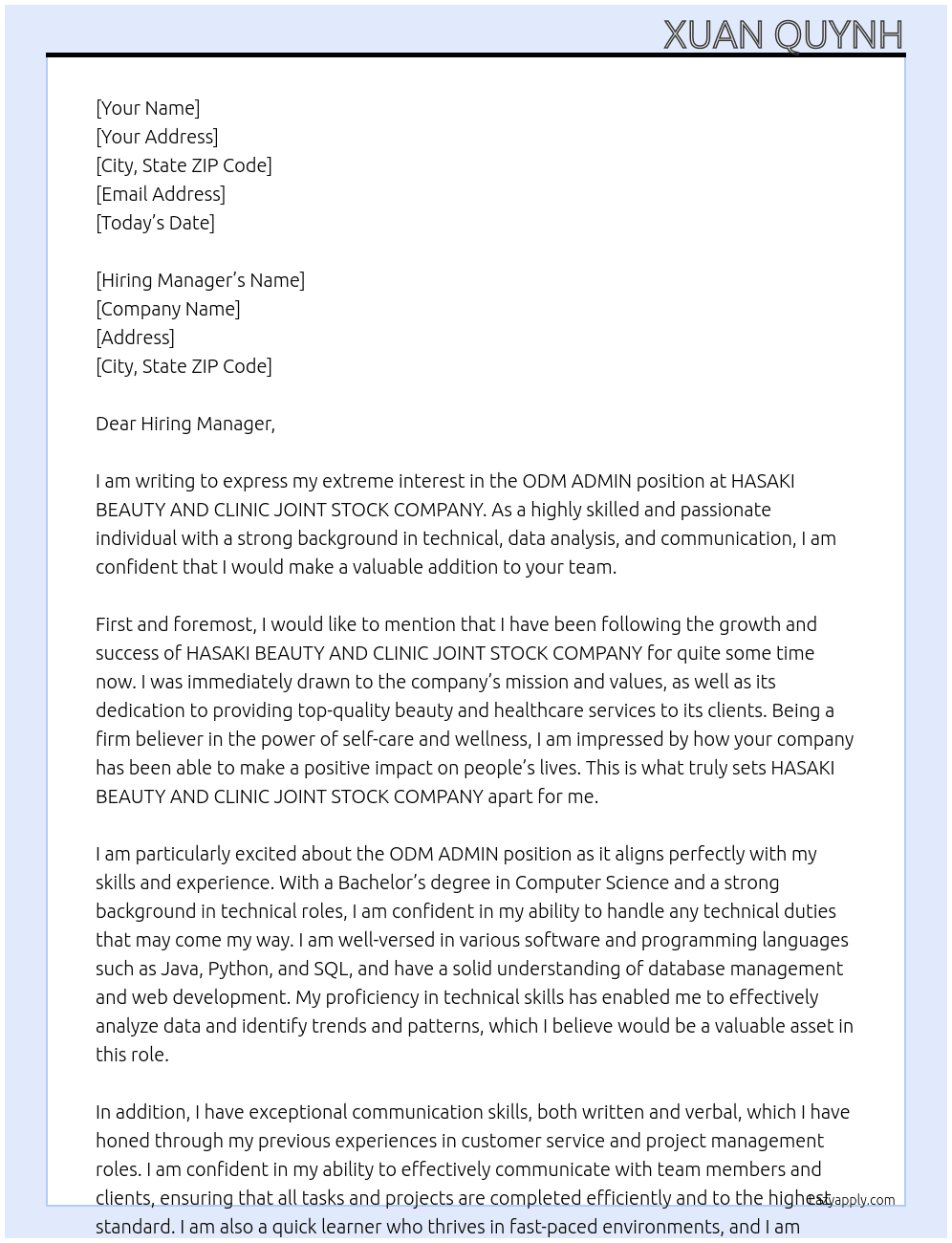 ODM ADMIN At HASAKI BEAUTY AND CLINIC JOINT STOCK COMPANY Cover Letter