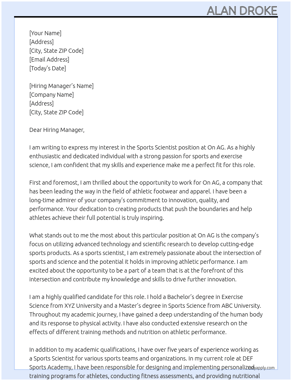 Sports scientist  At On  AG Cover Letter