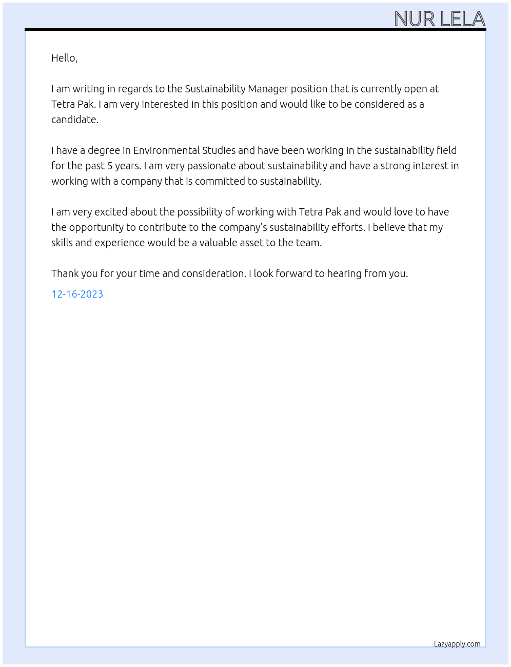  Sustainability Manager, Indonesia At Tetra Pak Cover Letter