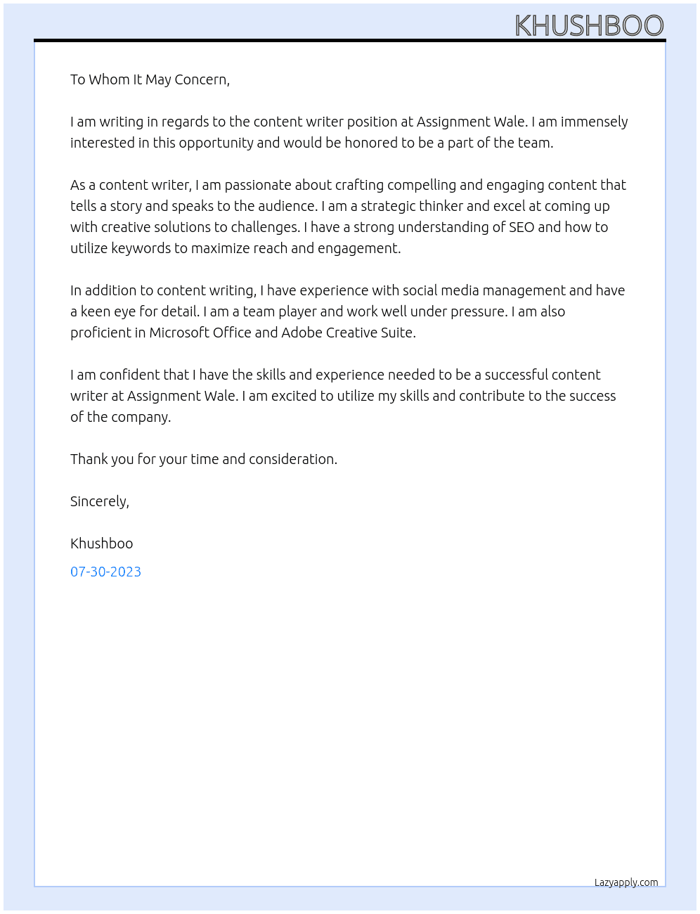 content writer At Assignment Wale Cover Letter