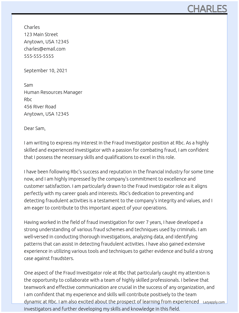 Fraud investigator  At Rbc Cover Letter