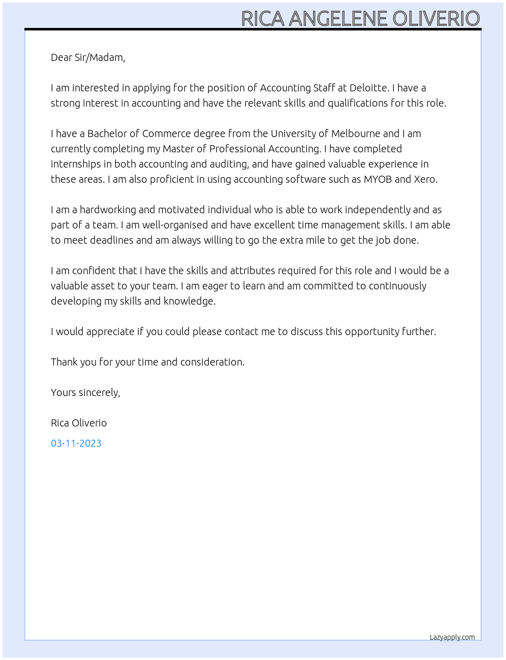 Accounting Staff At Deloitte Cover Letter