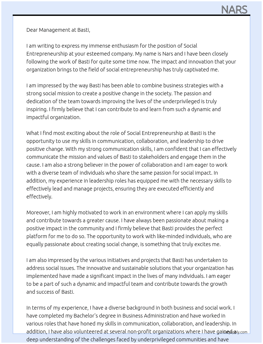 Social entrepreneurship  At Basti Cover Letter