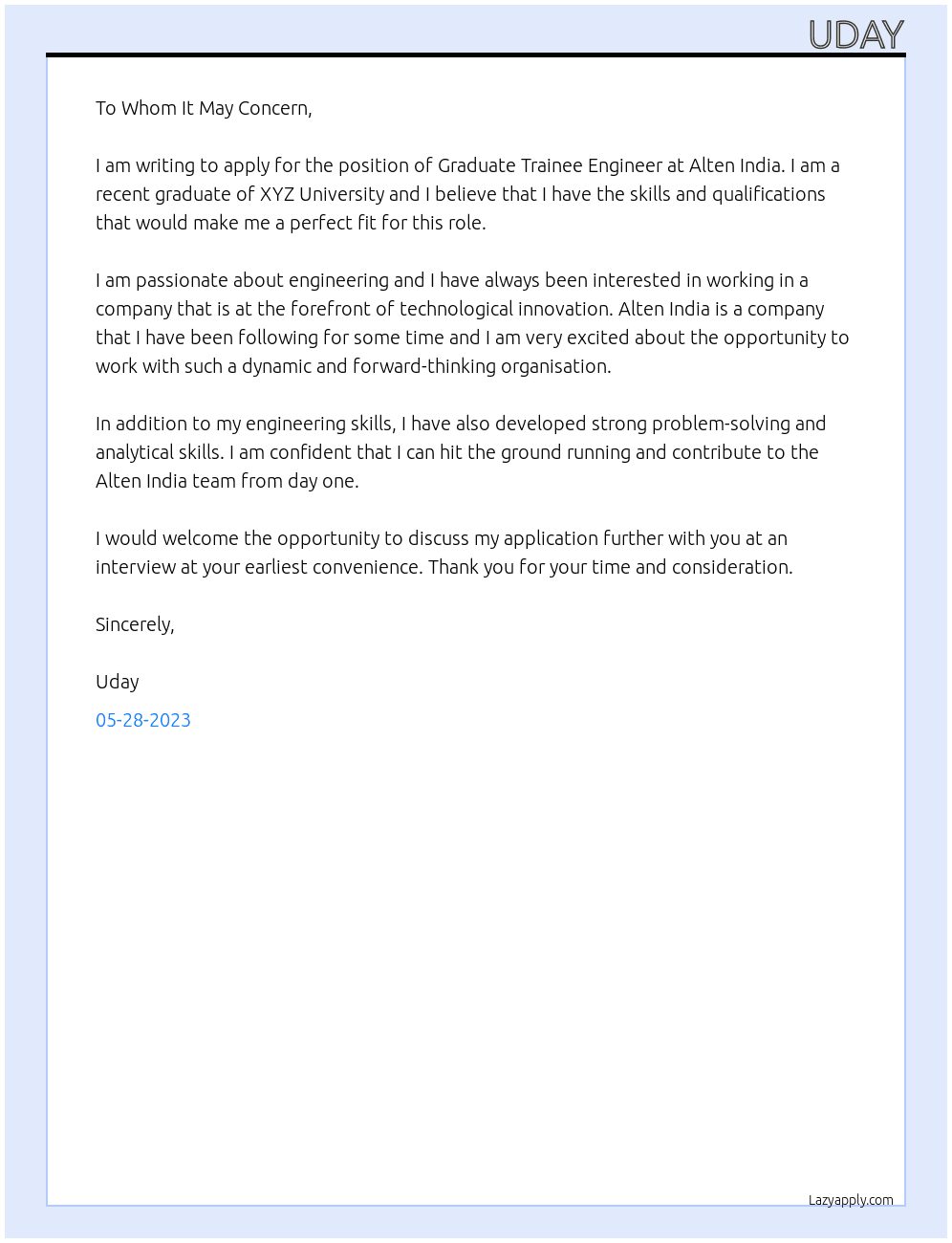 Graduate trainee engineer At Alten india Cover Letter