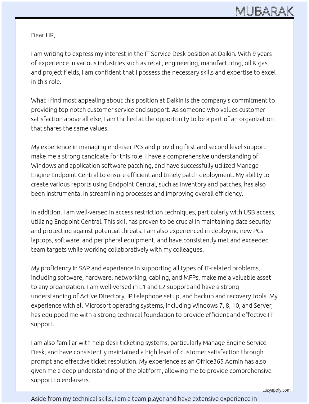 IT Service Desk At Daikin Cover Letter
