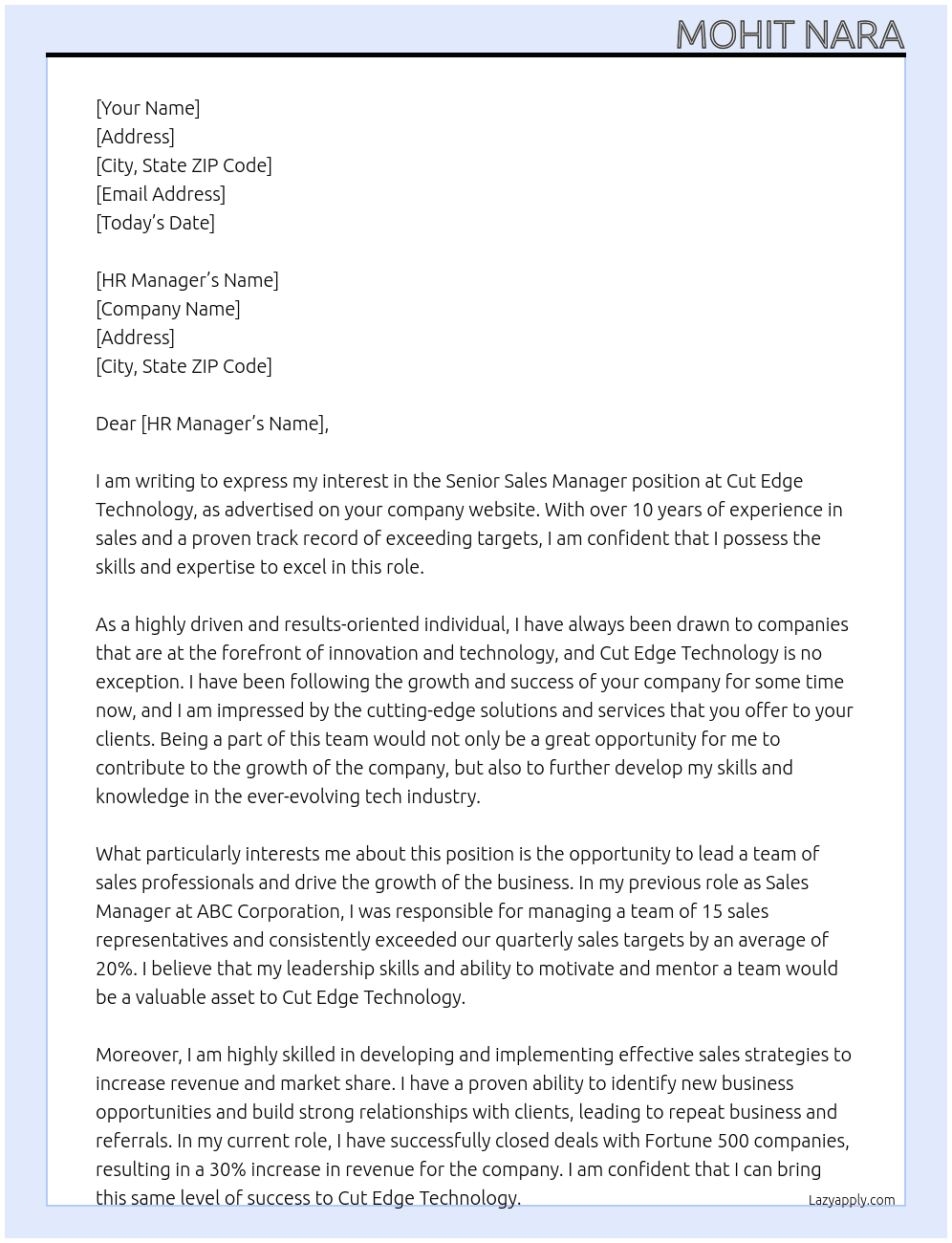Senior Sales Manager At Cut Edge Technology Cover Letter
