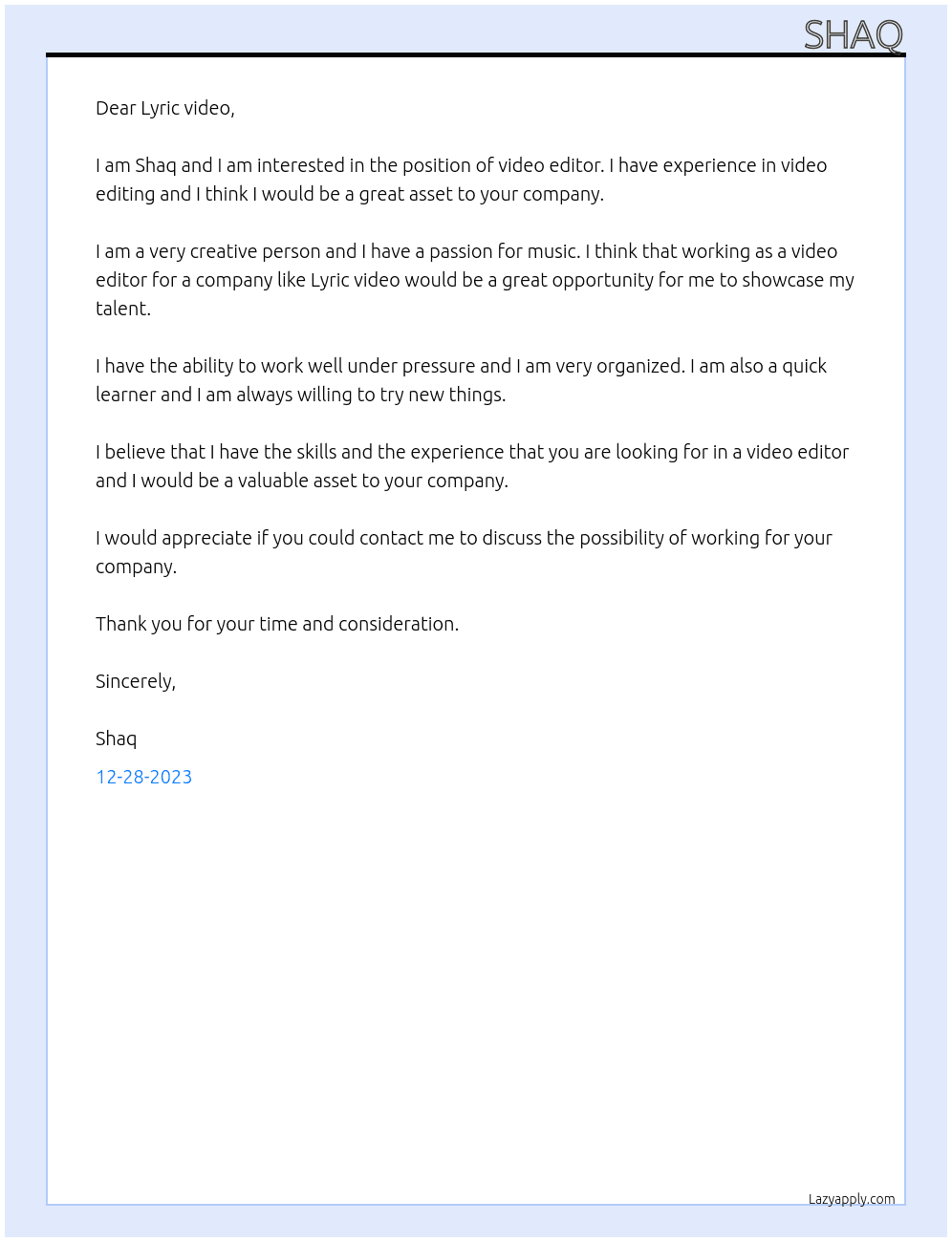 Video editor At Lyric video Cover Letter