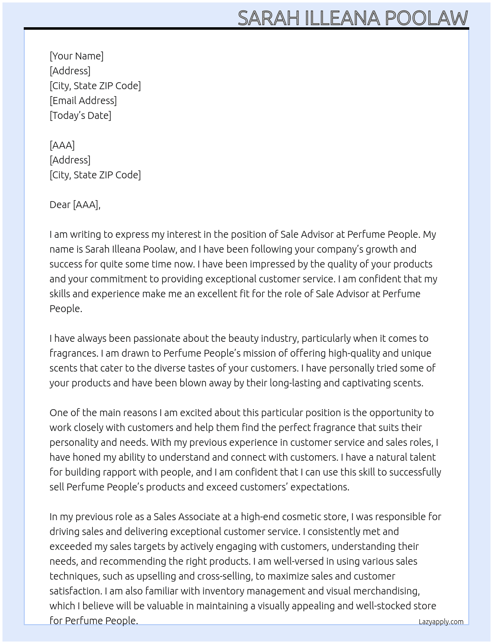 Sale Advisor At Perfume People Cover Letter