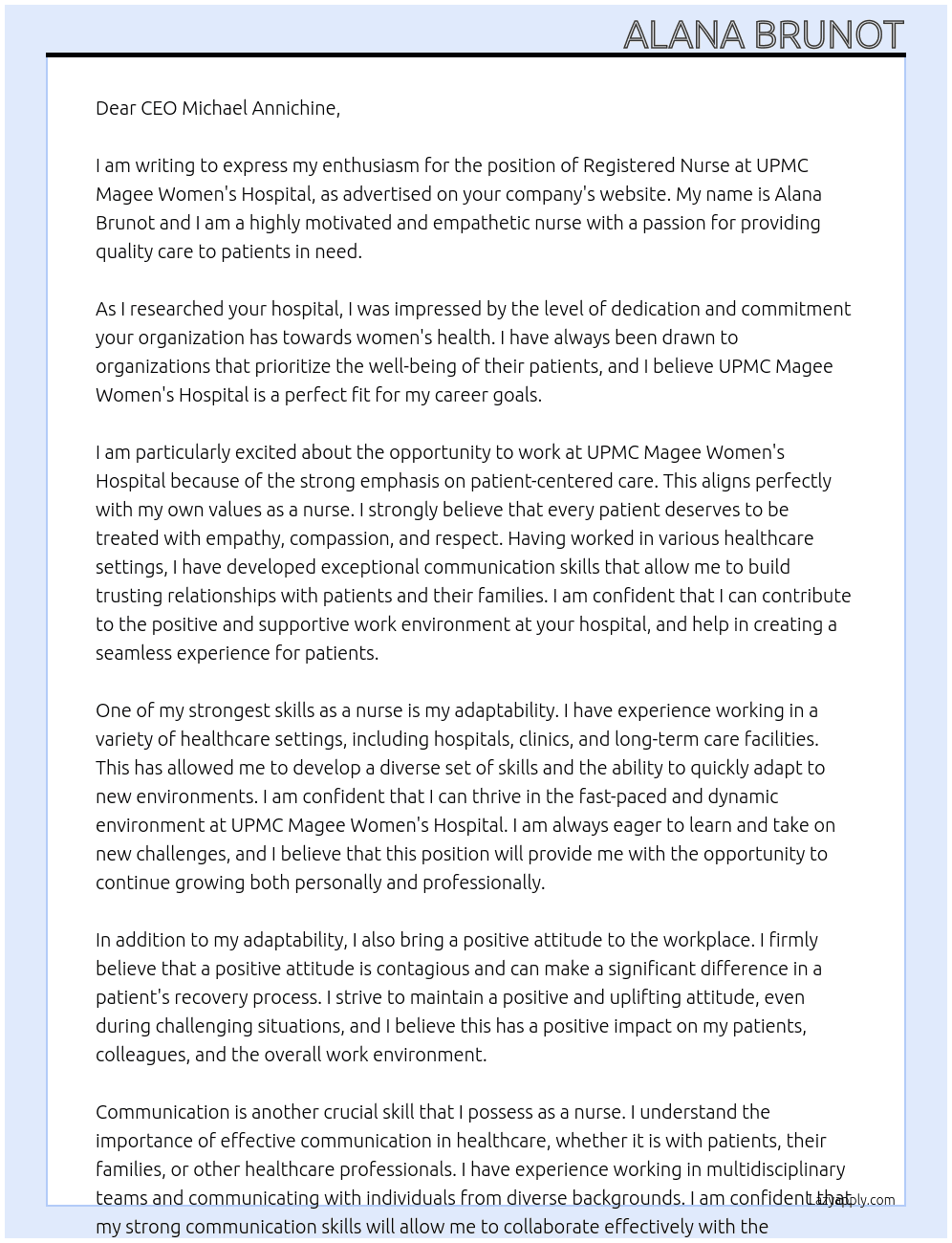 registered nurse At upmc magee women’s hospital Cover Letter
