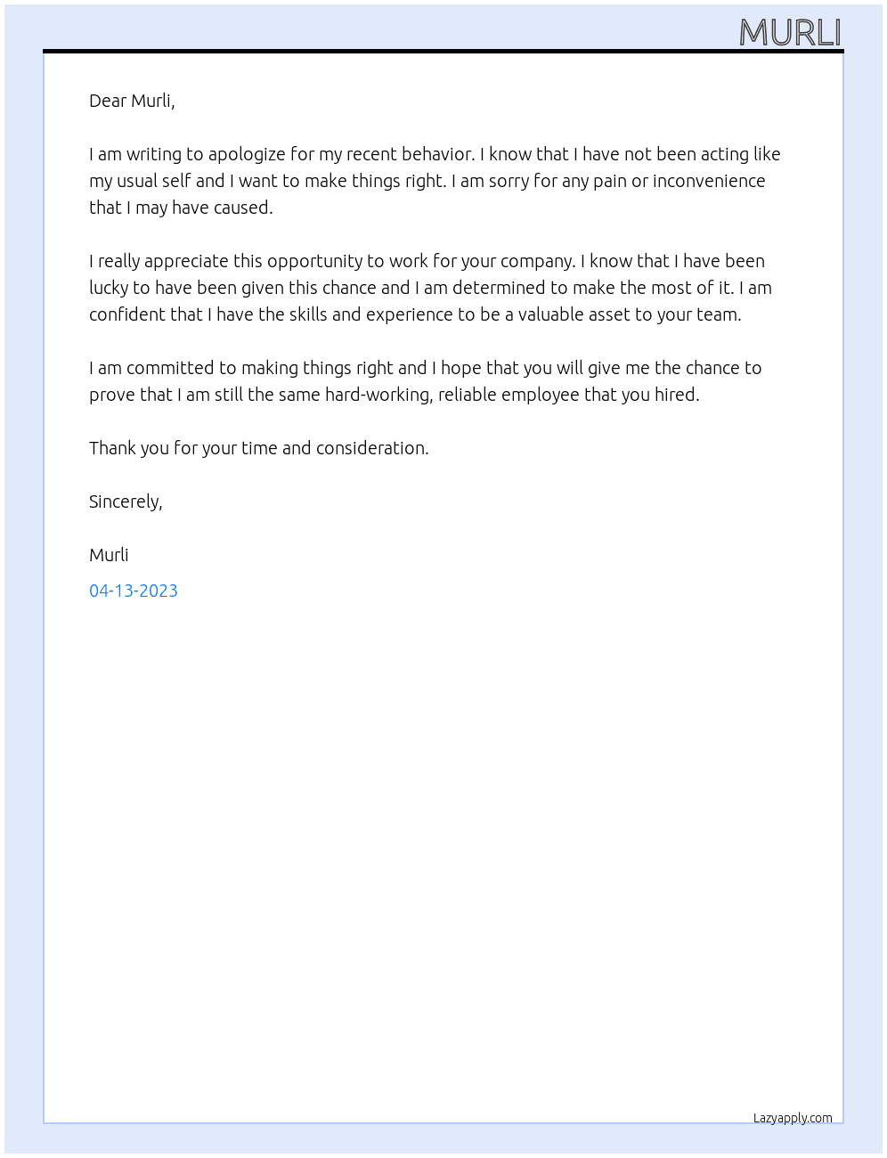 apologizing for missbehavior At murli Cover Letter