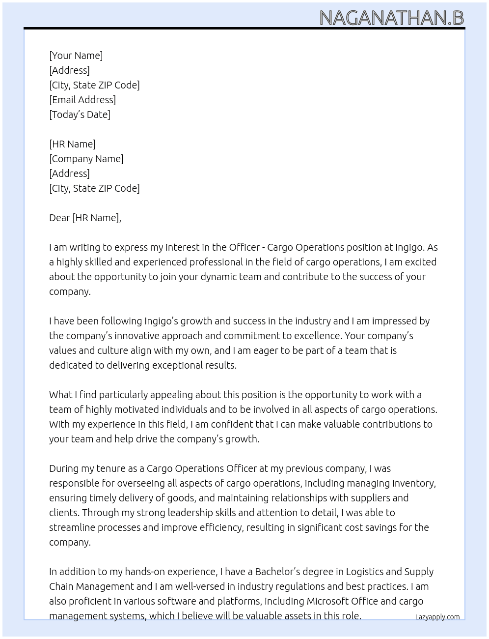 Officer - Cargo Operations At Ingigo Cover Letter