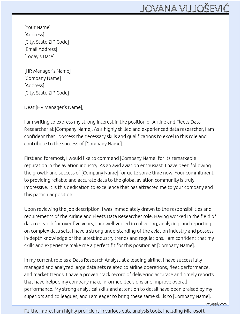 Airline and Fleets Data Researcher At ch-aviation Cover Letter