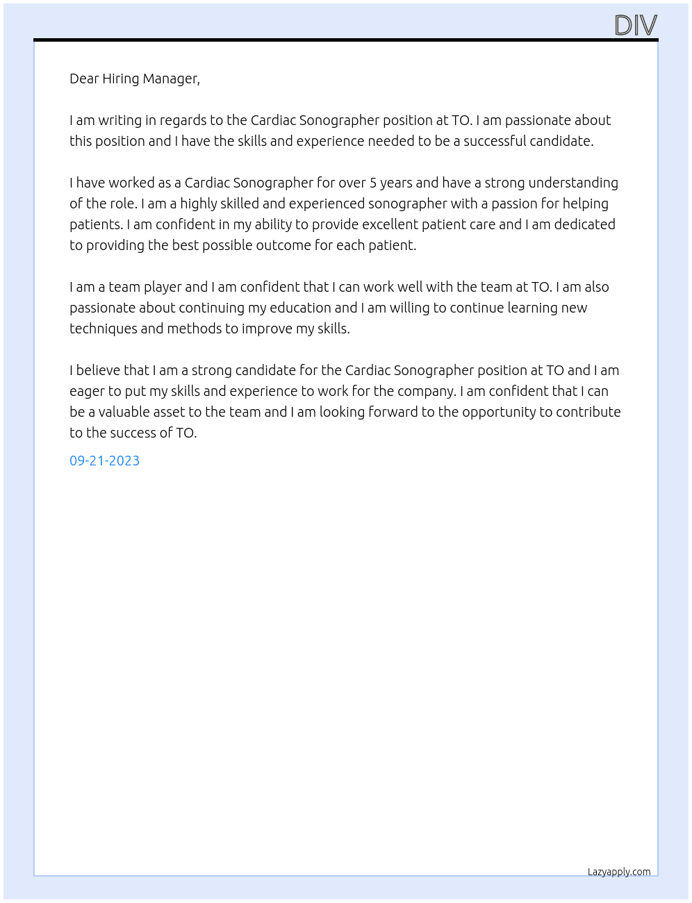Cardiac Sonographer At TO Cover Letter