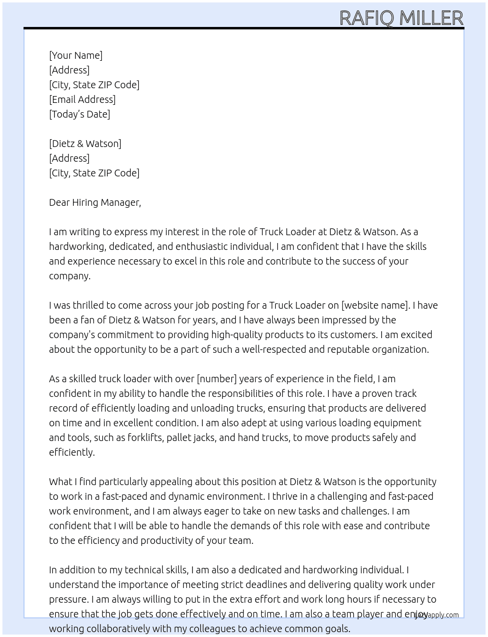 Truck Loader At Dietz & Watson Cover Letter