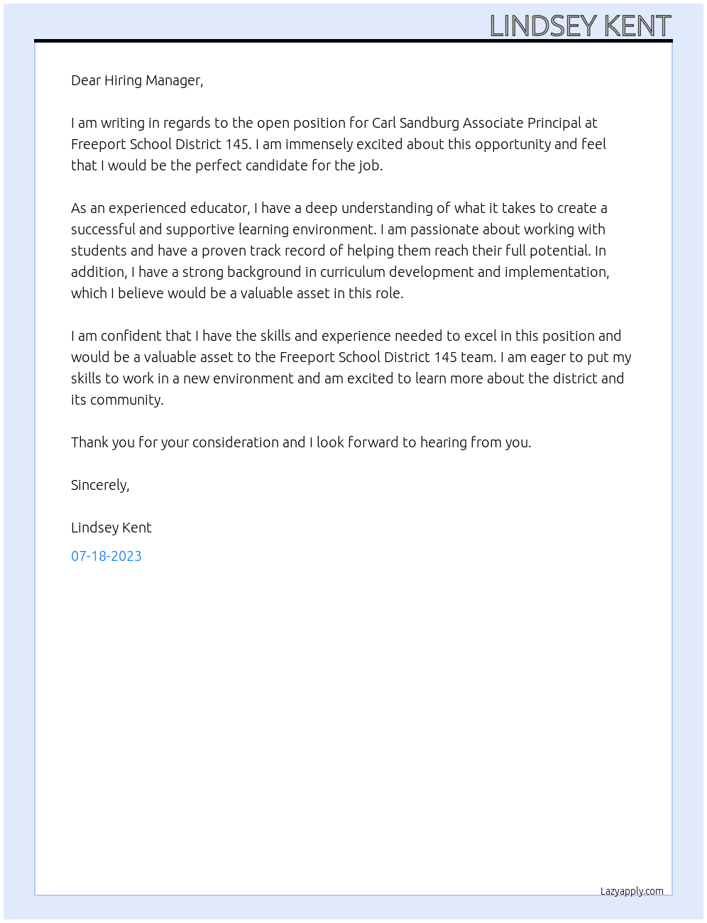 Carl Sandburg Associate Principal At Freeport School District 145 Cover Letter
