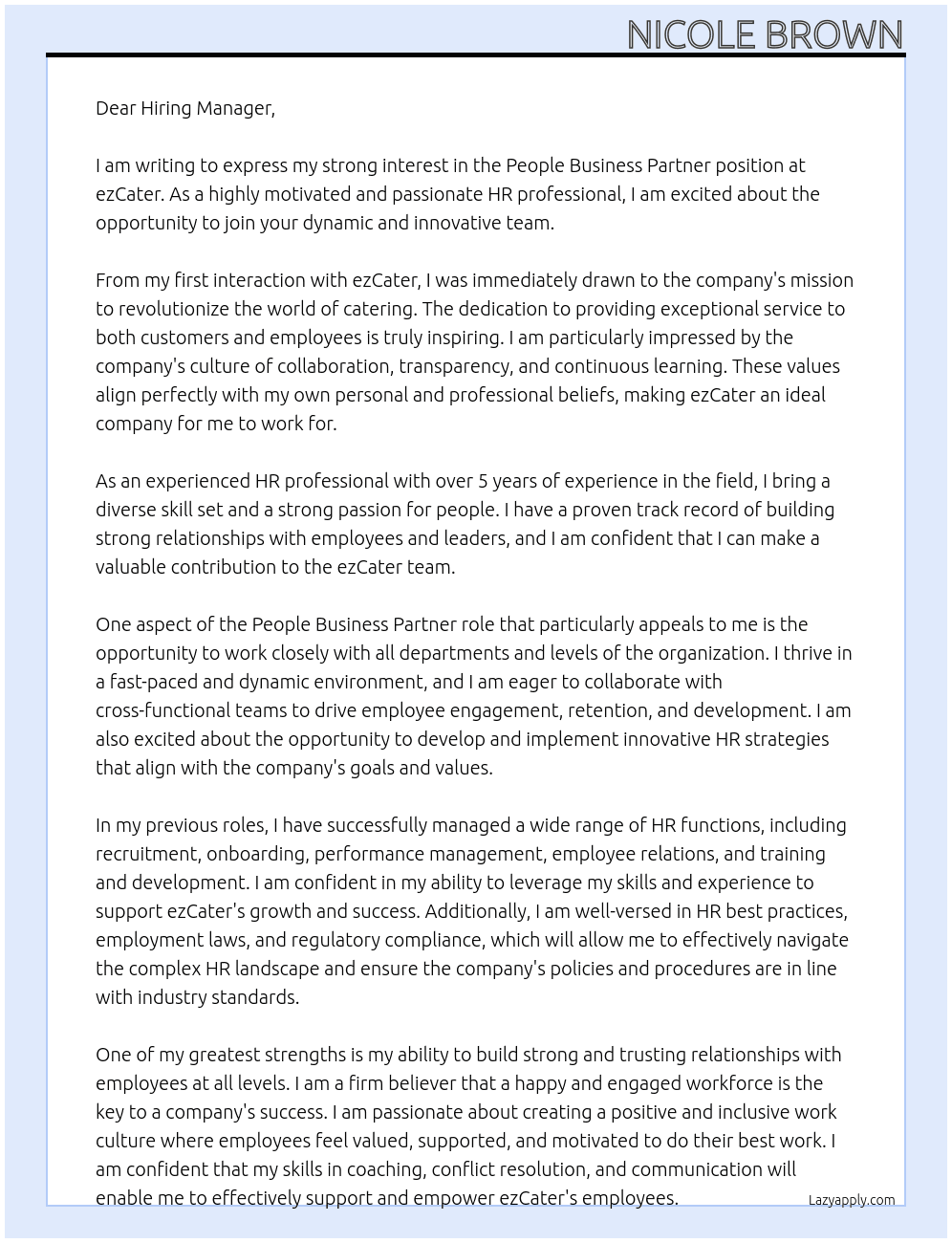 People Business Partner At ezCater Cover Letter