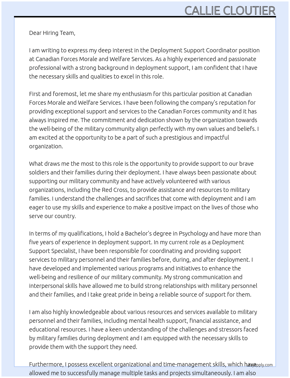 Deployment Support Coordinator At Canadian Forces Morale and Welfare Services Cover Letter