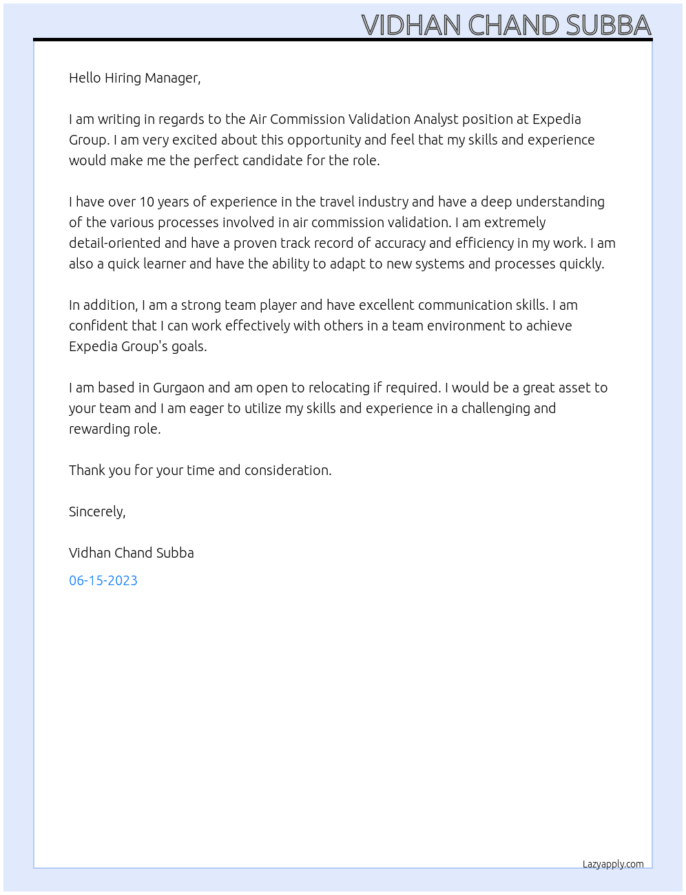 Air Commission Validation Analyst At Expedia Group Cover Letter