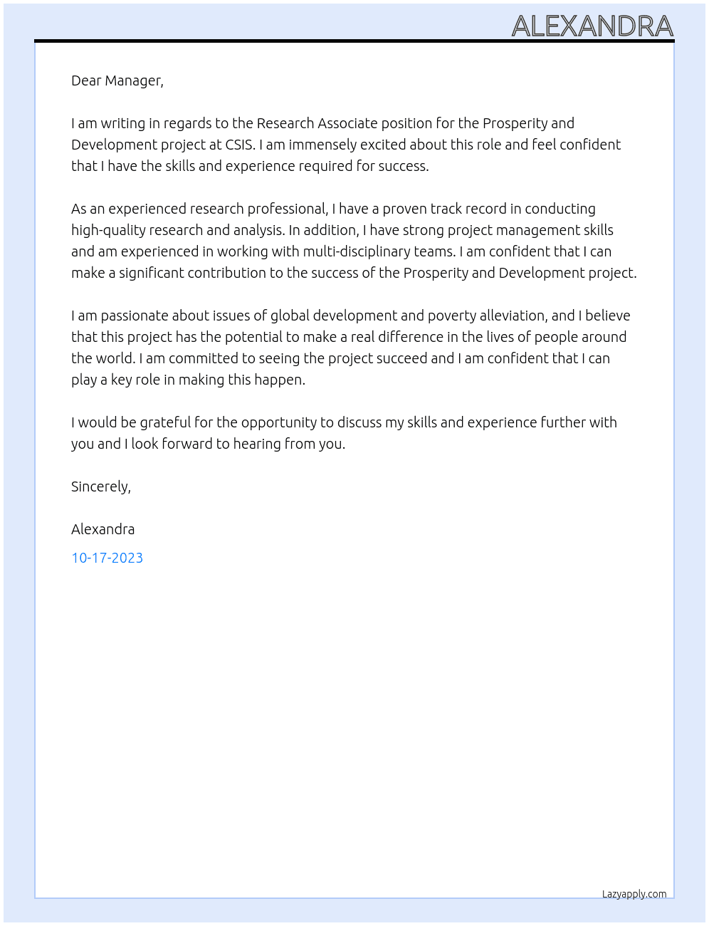 Research Associat - Project on Prosperity and Development At CSIS Cover Letter