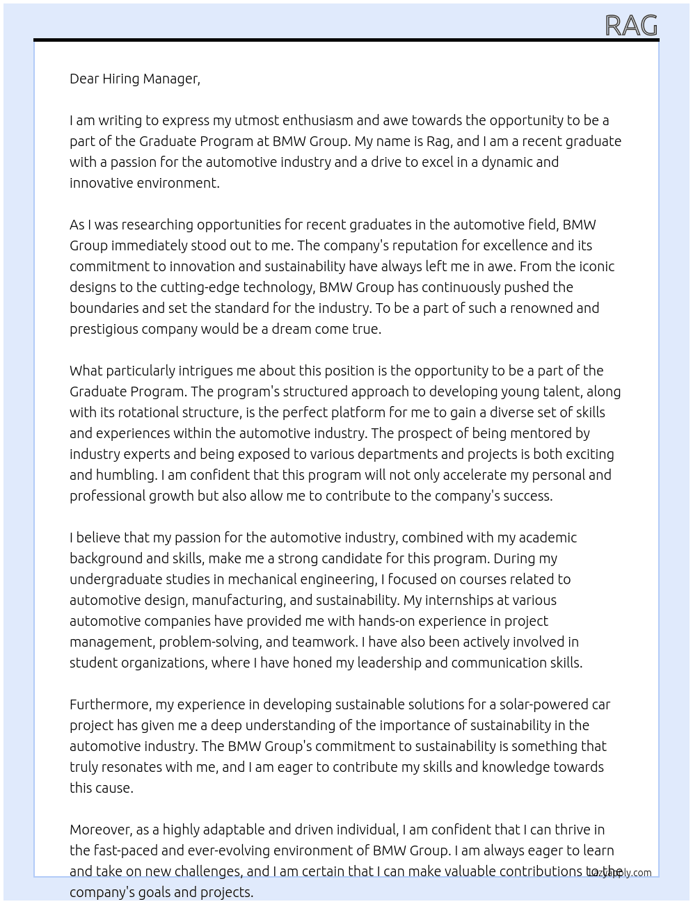 Graduate Program At BMW Group Cover Letter