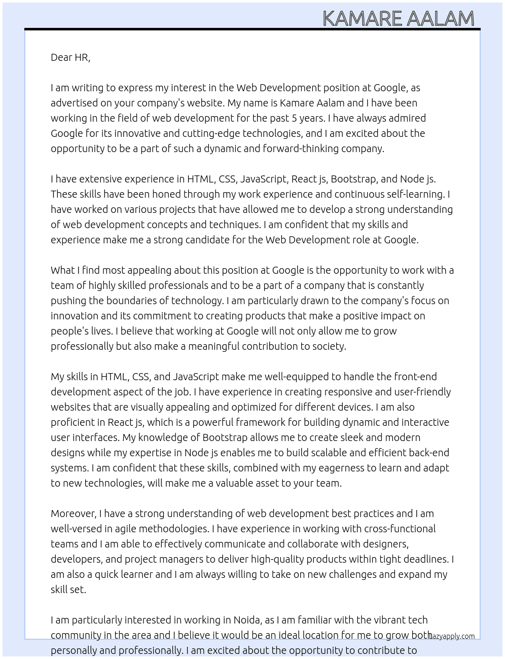Web development  At Google  Cover Letter