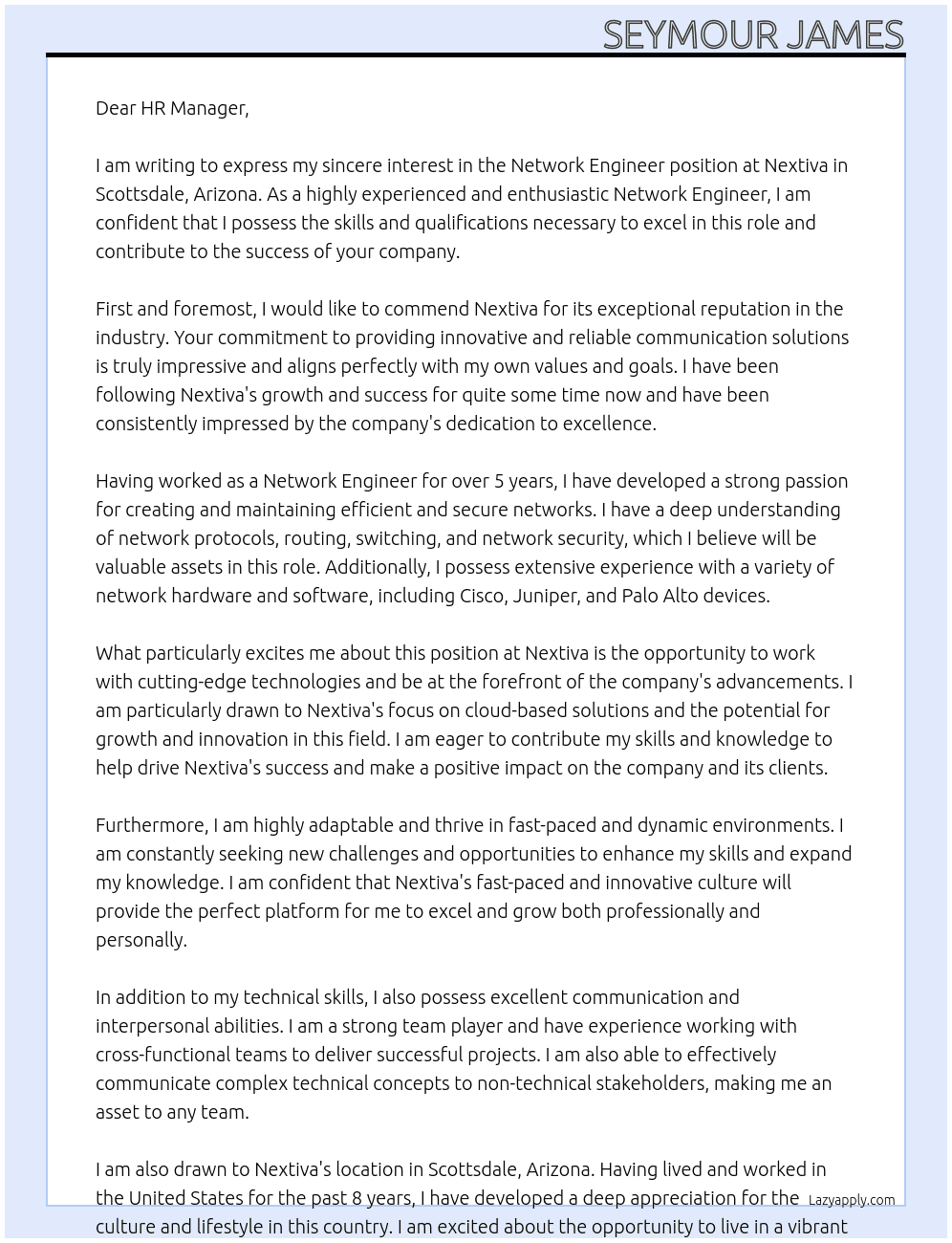 Network Engineer At Nextiva Cover Letter