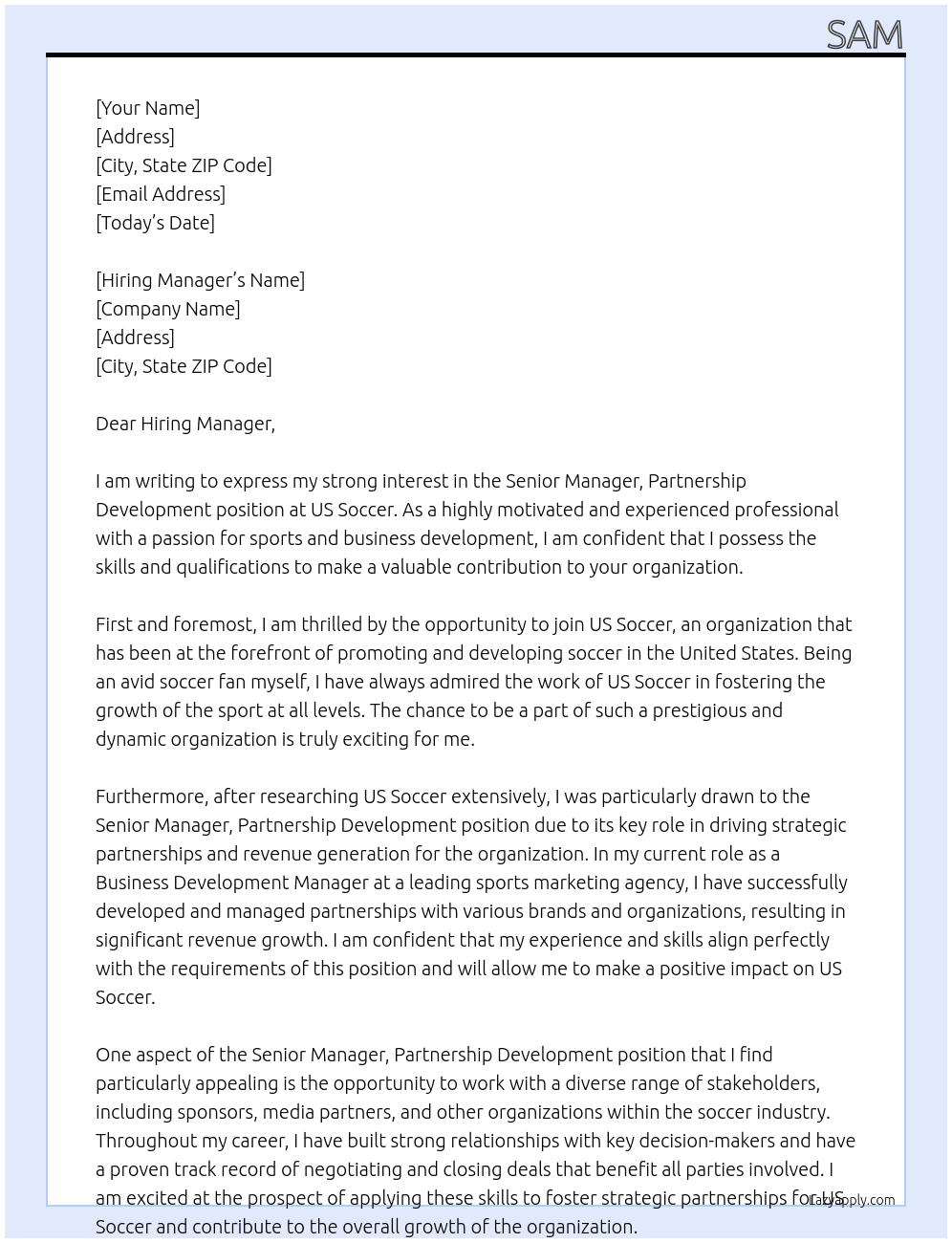 Senior Manager, Partnership Development At US Soccer Cover Letter
