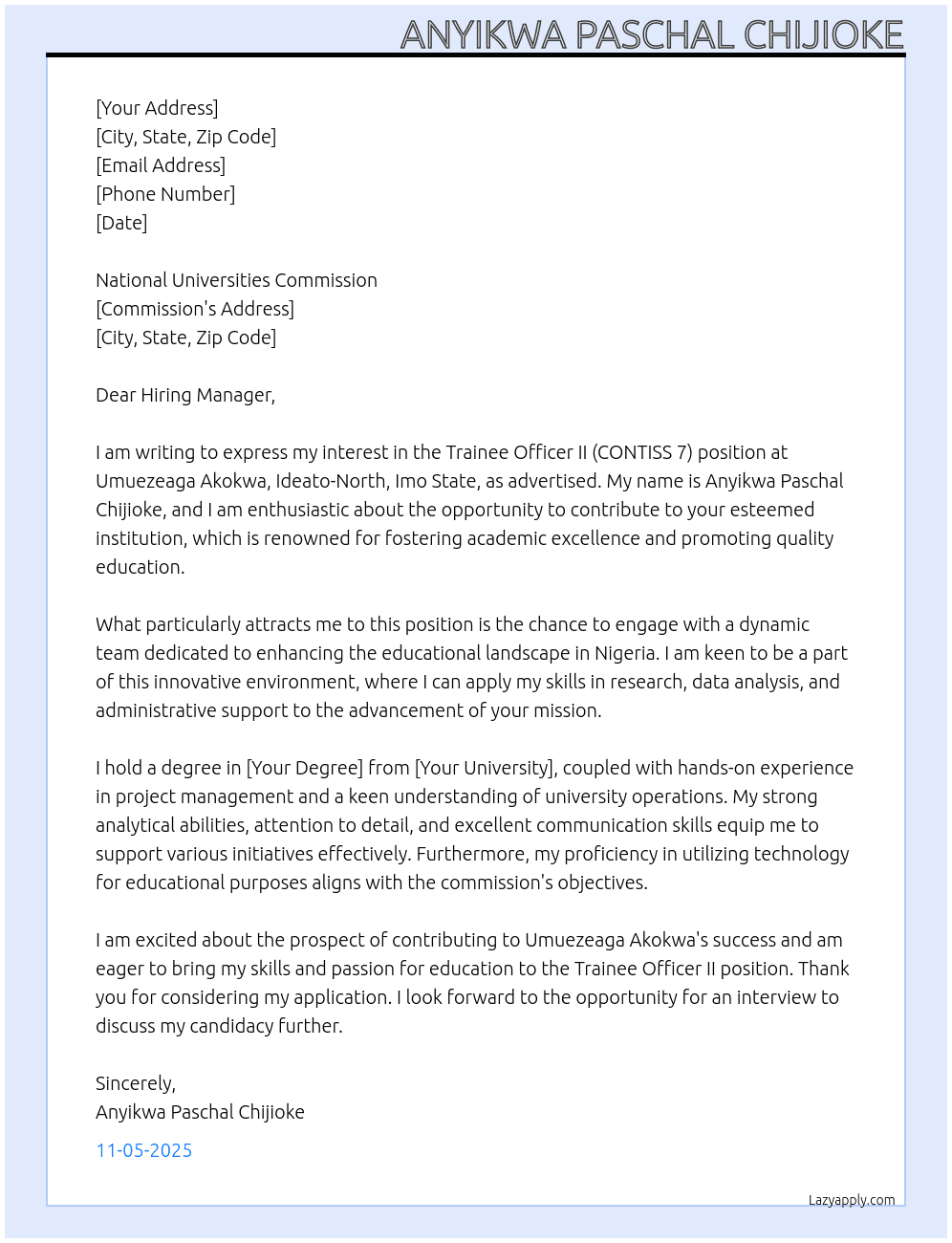 Trainee Officer II (CONTISS 7) At Umuezeaga Akokwa Ideato-North Imo State Cover Letter