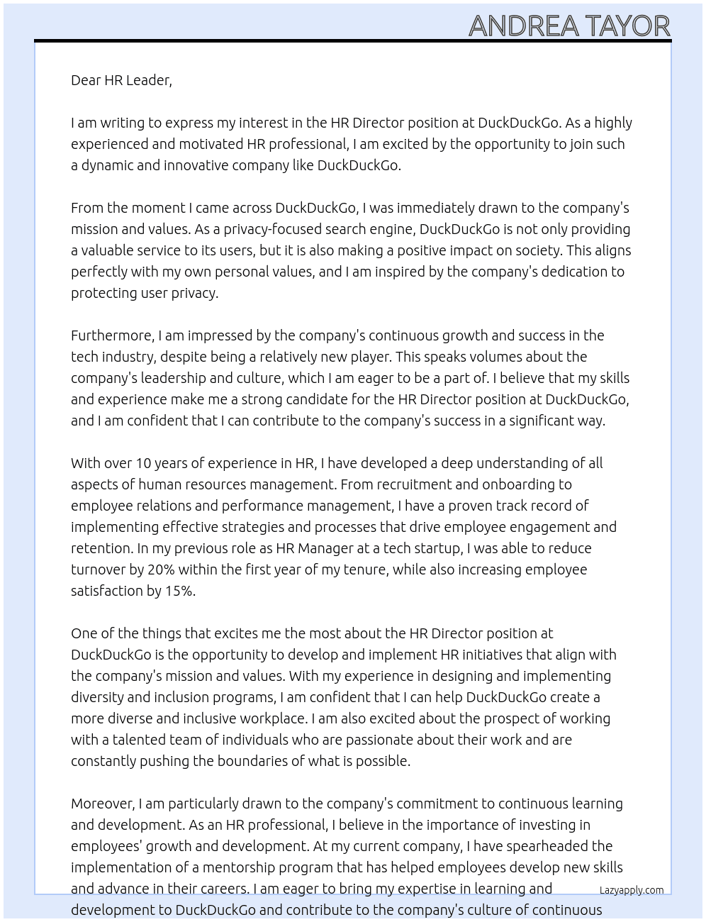HR DIrector At DuckDuckGo Cover Letter
