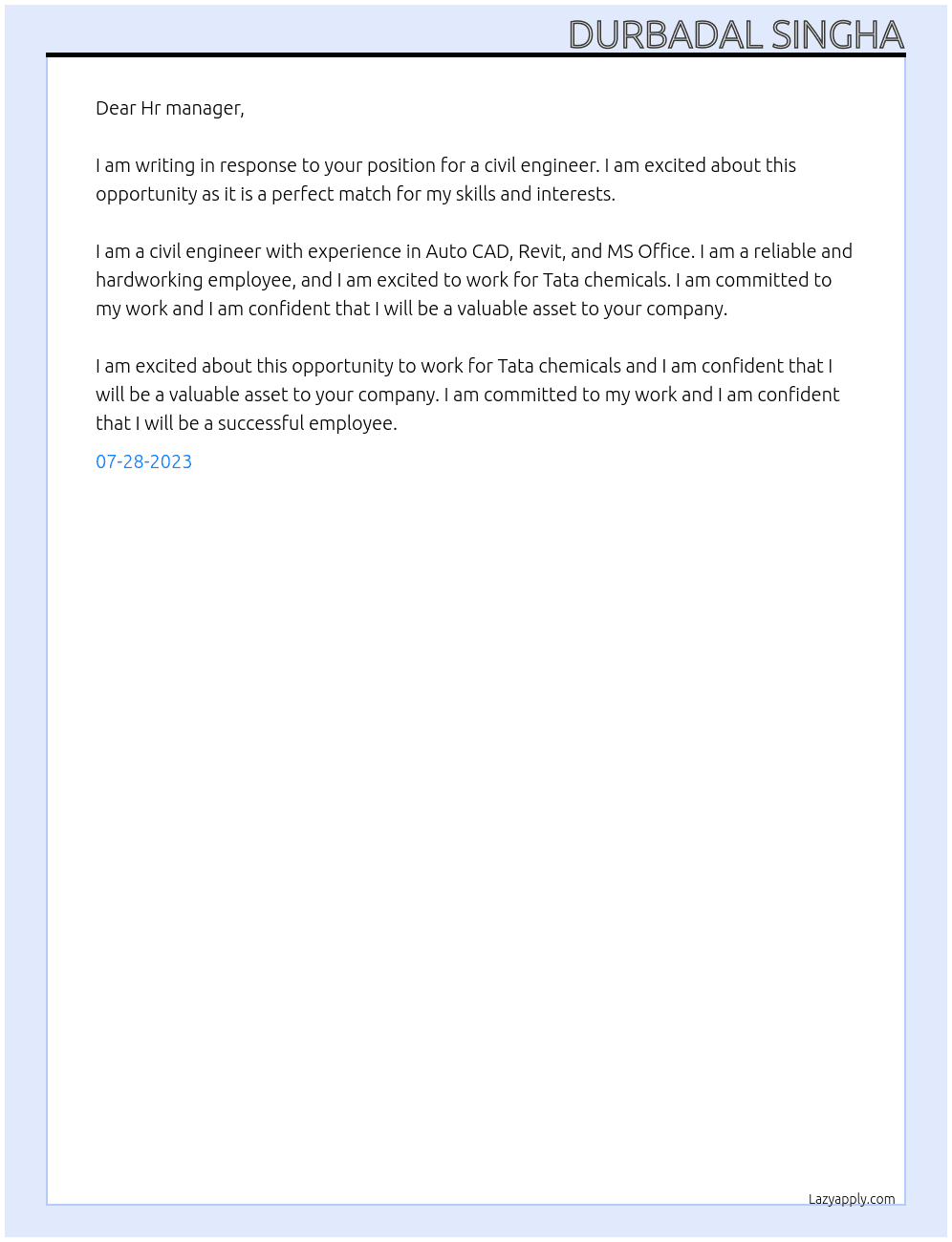 Civil engineer At Tata chemicals Cover Letter