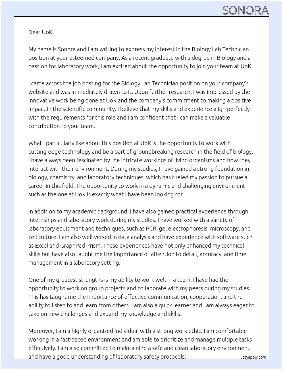 Biology Lab Technician At UoK Cover Letter