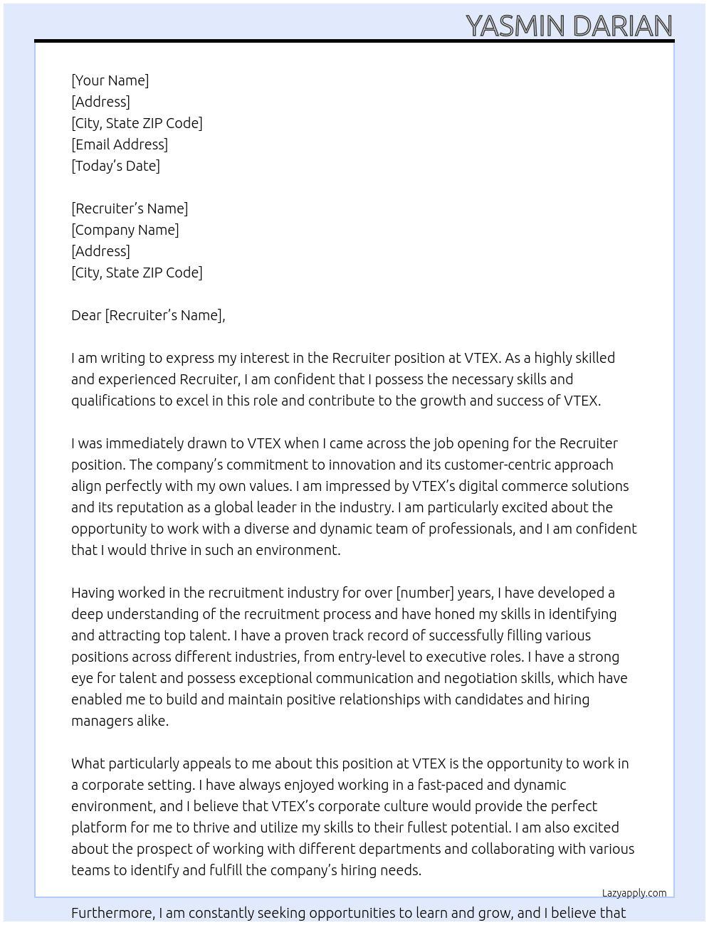 Recruiter, Corporate At VTEX Cover Letter
