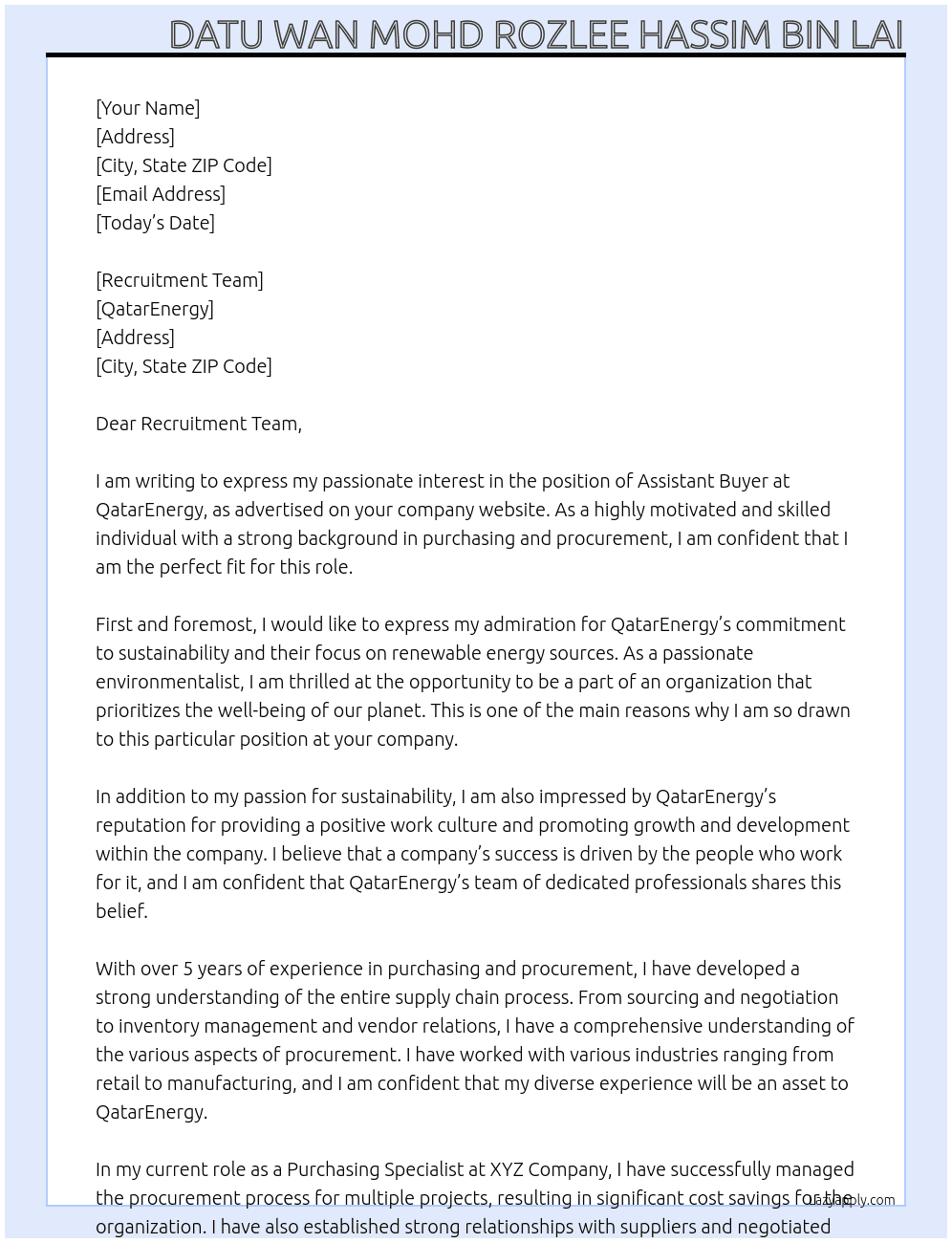Assistant Buyer At QatarEnergy Cover Letter