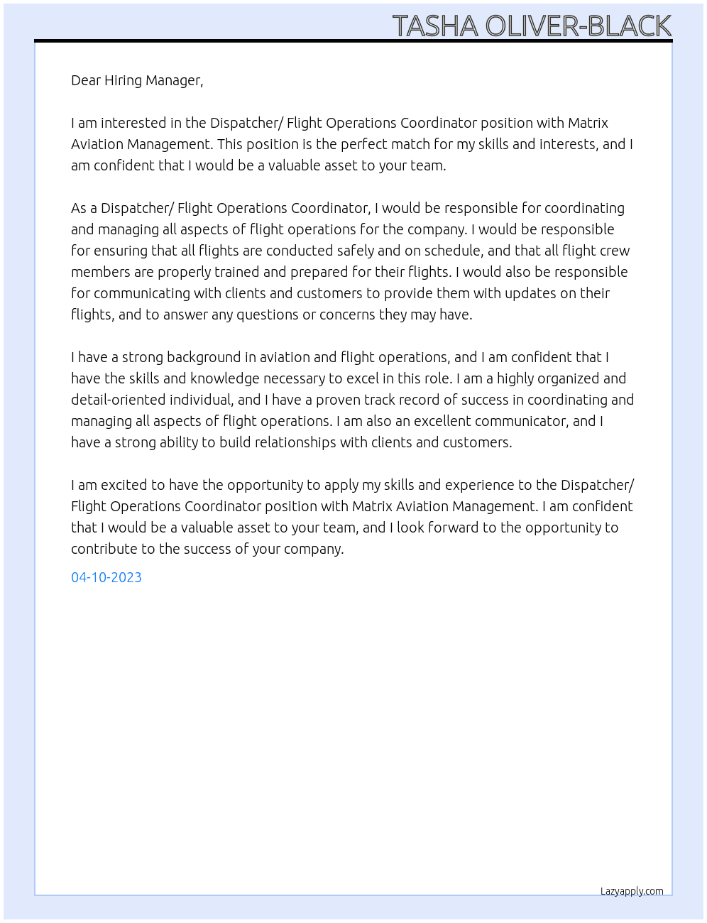 Dispatcher/ Flight Operations Coordinator At Matrix Aviation Management Cover Letter
