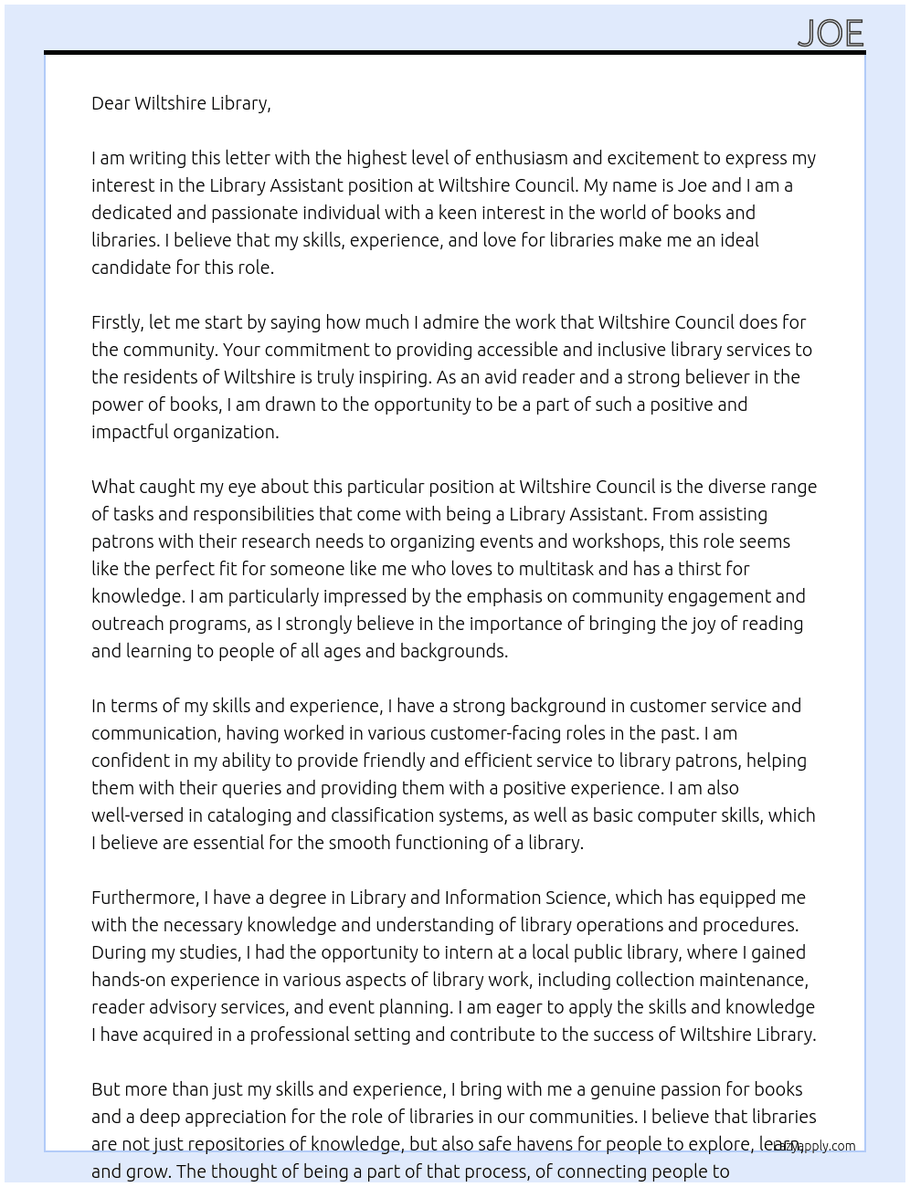 Library assistant At Wiltshire Council Cover Letter