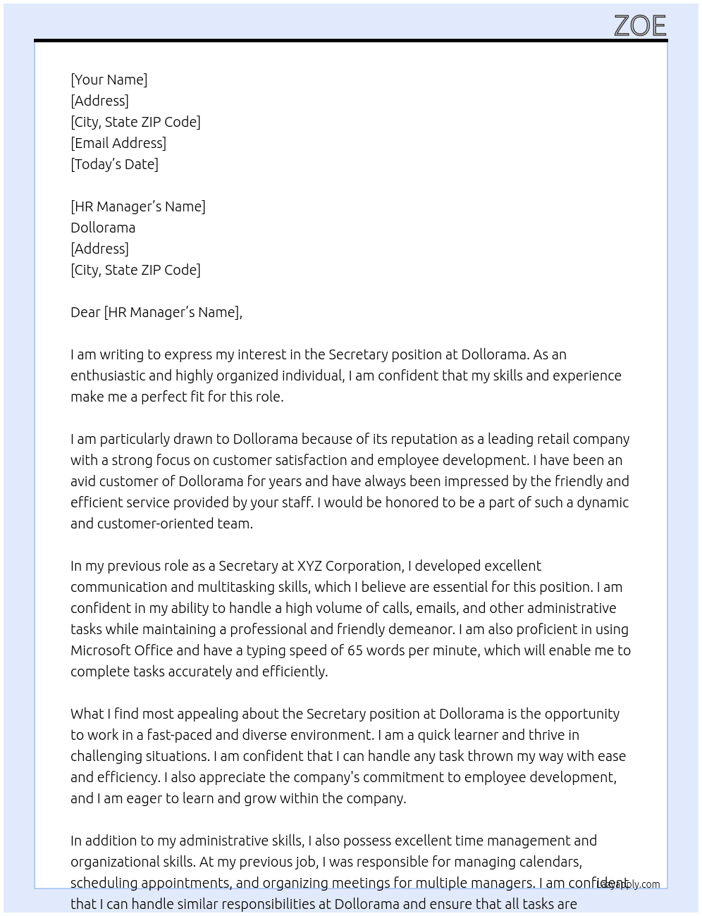 Secretary At Dollorama Cover Letter