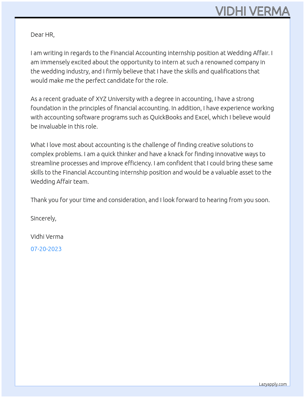 Financial Accounting internship At Wedding Affair Cover Letter
