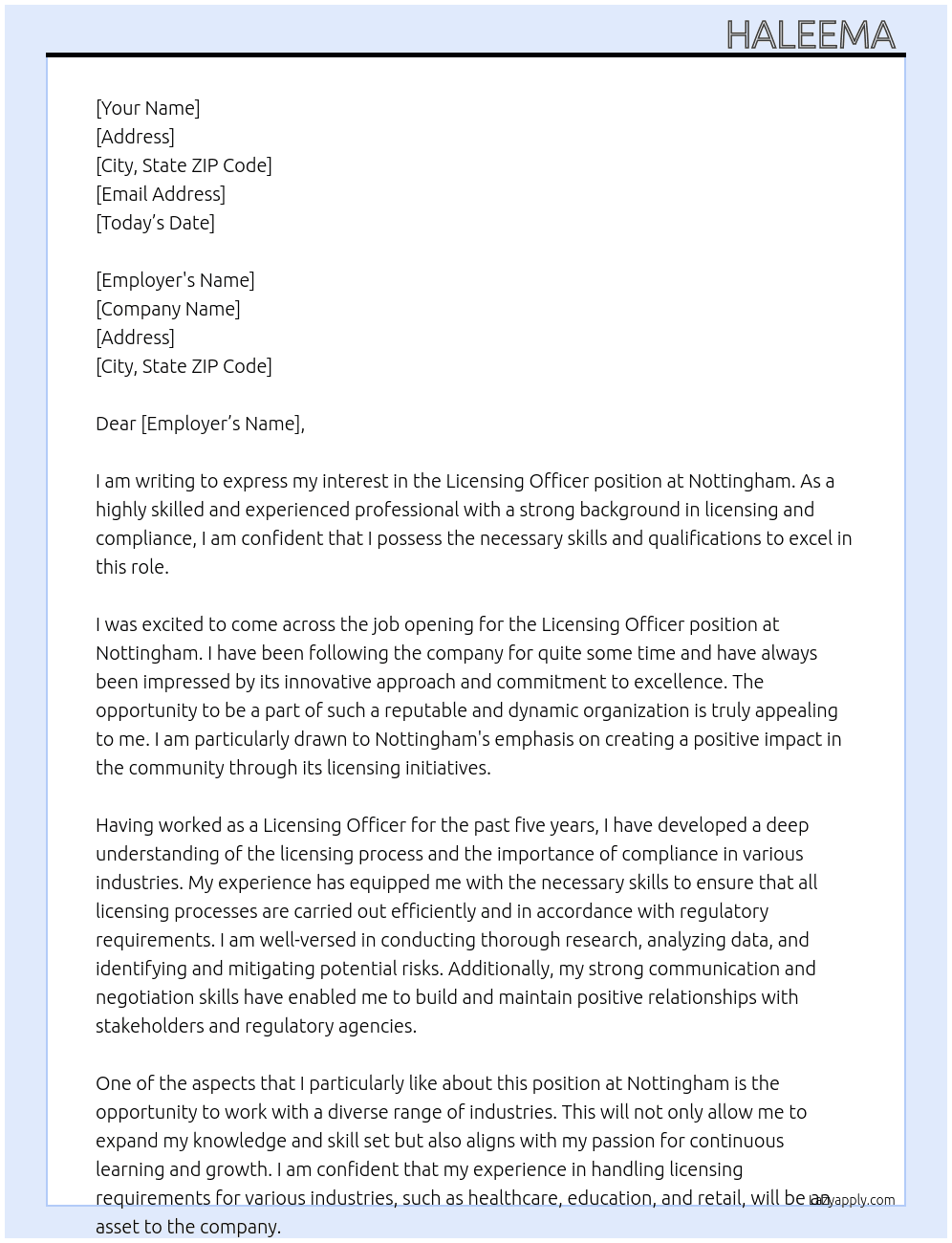 Licensing officer  At Nottingham  Cover Letter