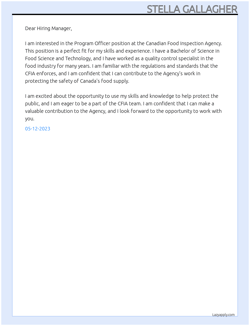 Program Officer At Canadian Food Inspection Agency Cover Letter