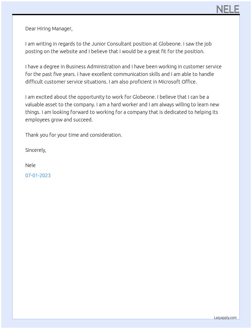 Junior Consultant At Globeone Cover Letter