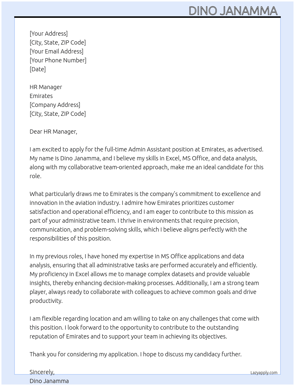 Admin assistant At Emirates Cover Letter