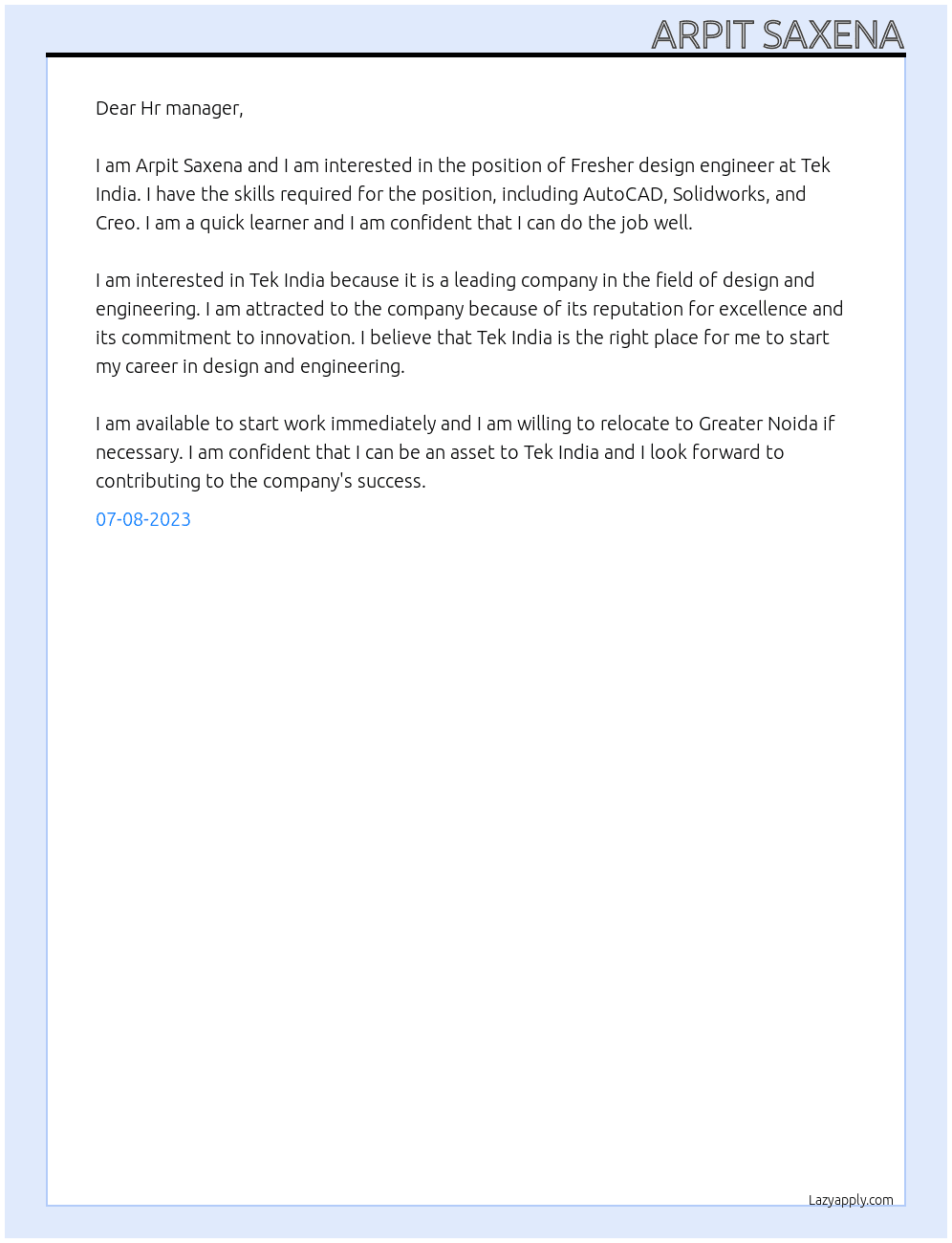 Fresher design engineer At Tek India Cover Letter