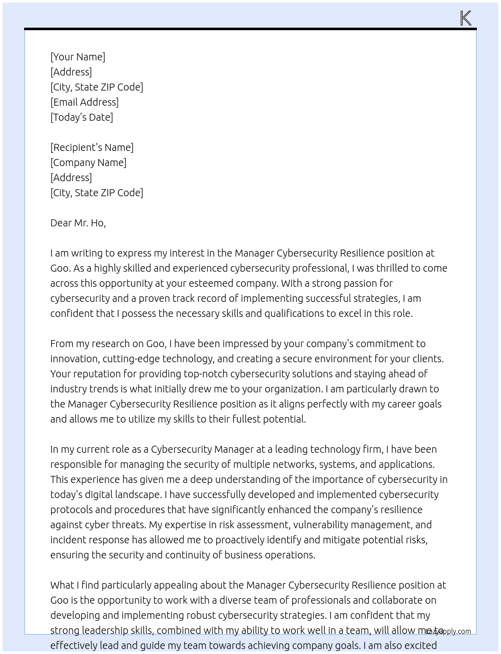 Manager Cybersecurity Resilience At Goo Cover Letter