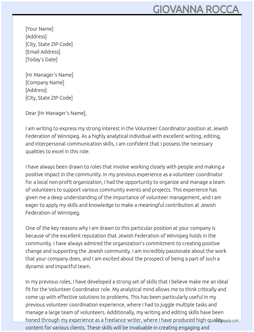  Volunteer Coordinator At Jewish Federation of Winnipeg Cover Letter