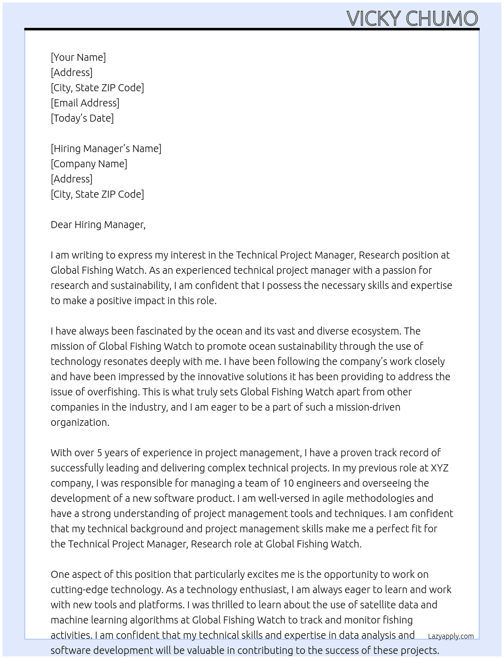 Technical Project Manager, Research At Global Fishing Watch Cover Letter