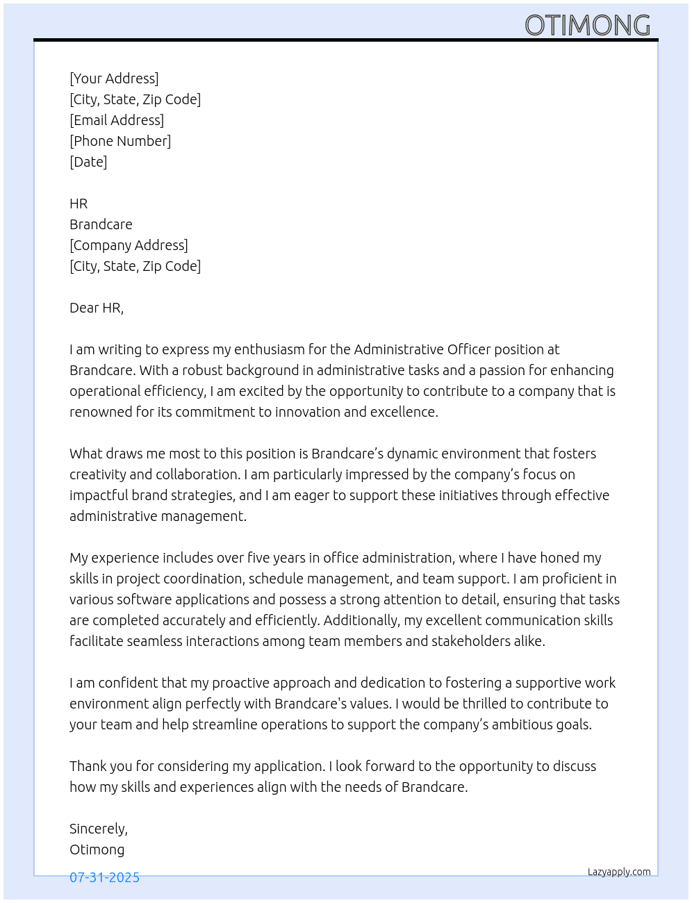 Administrative Officer At Brandcare Cover Letter