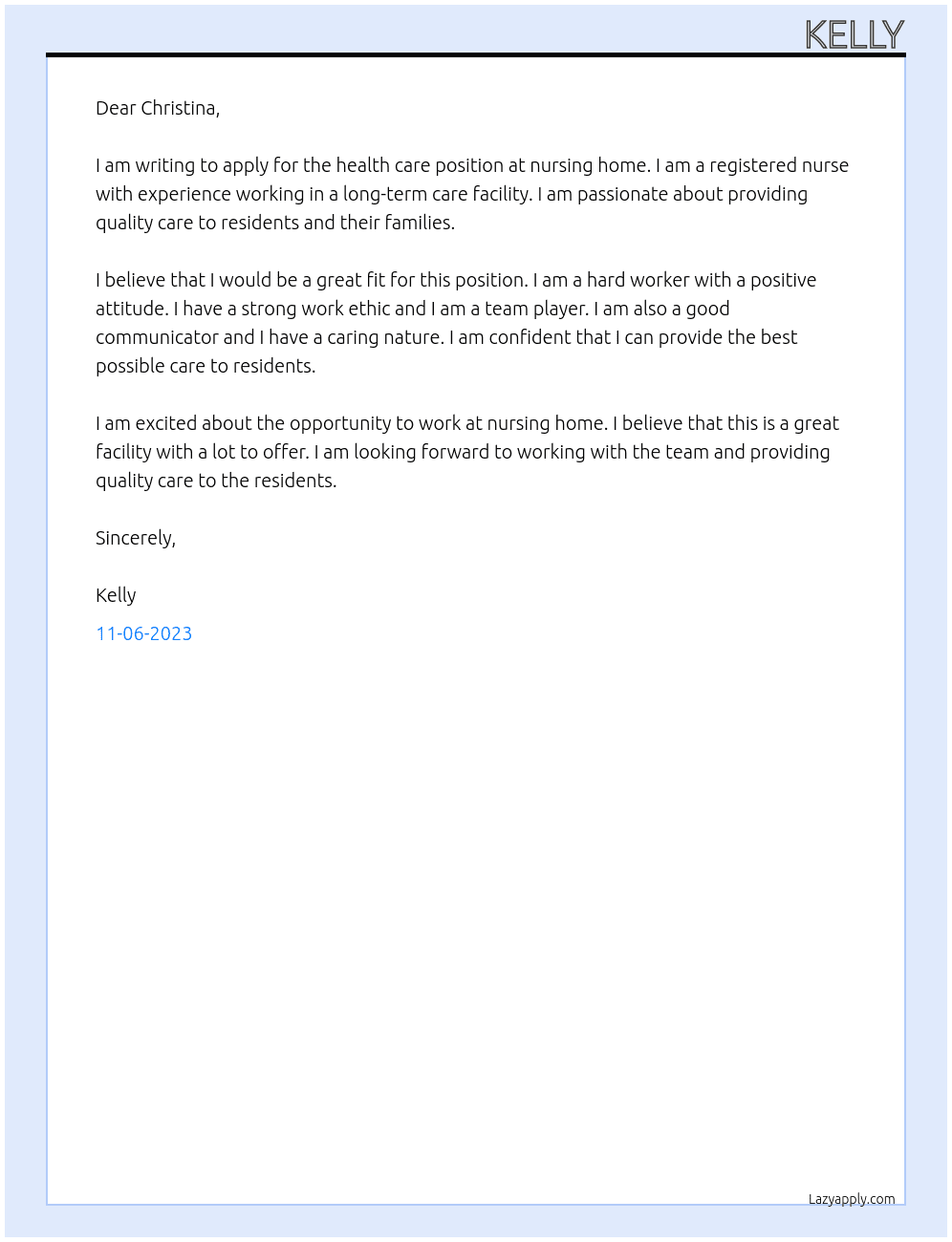 health care  At nursing home Cover Letter