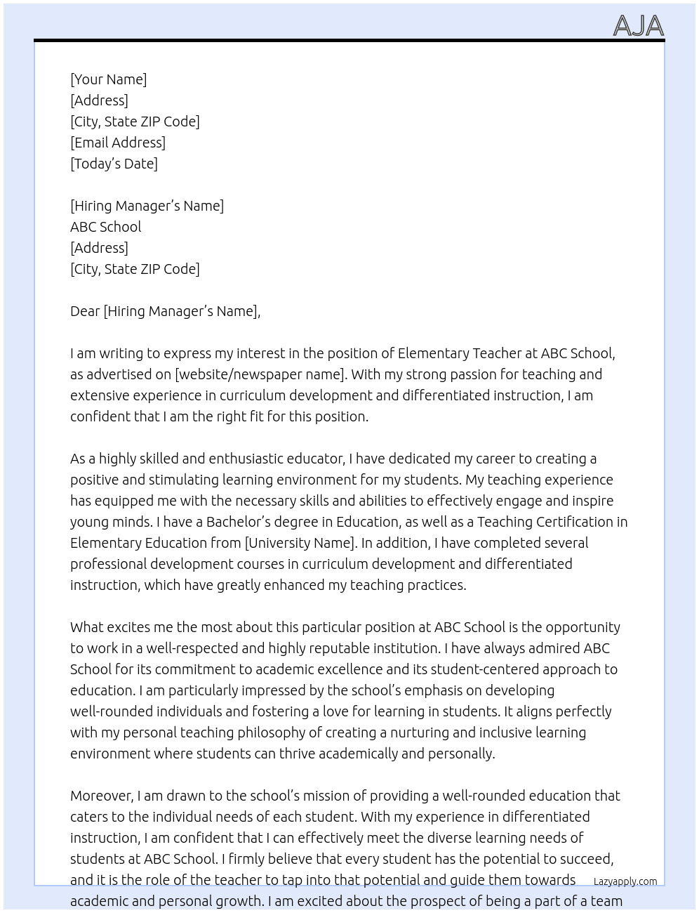 Teacher elementary  At ABC schol Cover Letter