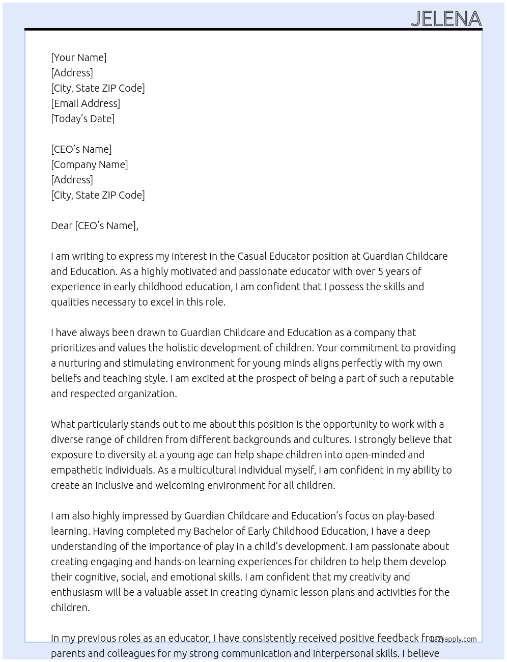 Casual Educator At Guardian Childcare and Education Cover Letter