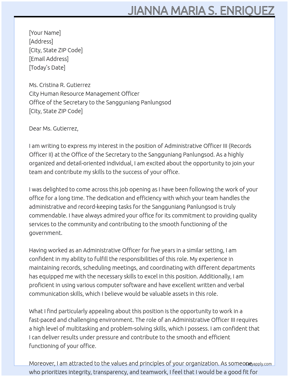 Administrative Officer III (Records Officer II) At Office of the Secretary to the Sangguniang Panlungsod Cover Letter